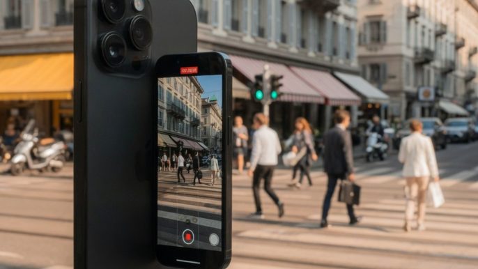 Smartphone tenu à la main filmant une rue animée en plein jour, illustrant la captation d'image dans un lieu public