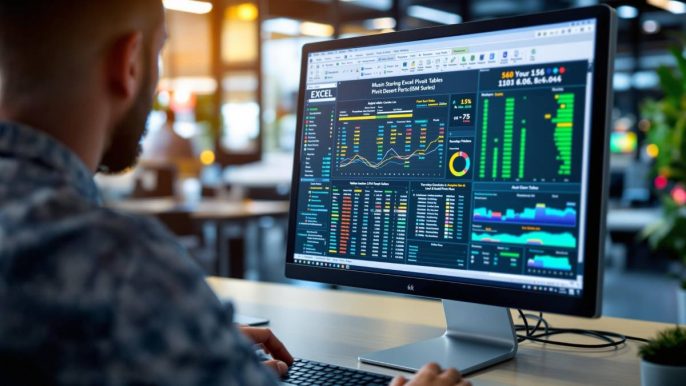 Écran affichant une feuille Excel avec tableaux dynamiques et formules avancées
