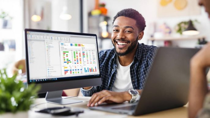 Personne travaillant sur Excel avec des tableaux et graphiques colorés
