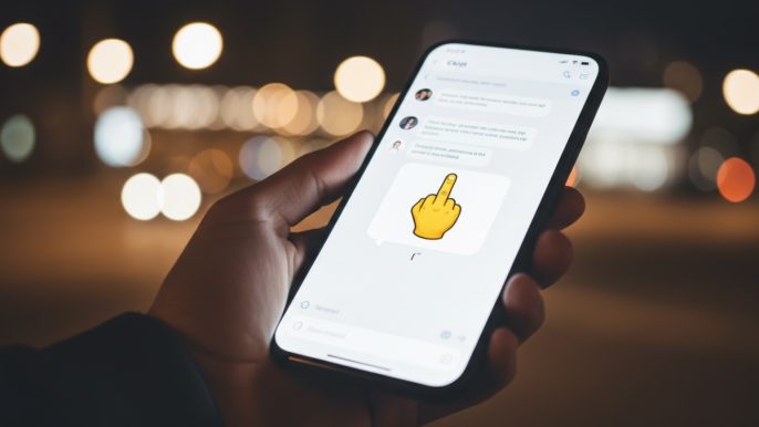 Main tenant smartphone affichant ChatGPT avec emoji doigt d'honneur, illustrant l'arnaque du GEO vendu comme du SEO rebrandé en 2026