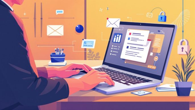 Professionnel utilisant un ordinateur portable pour gérer des emails académiques avec des fonctionnalités d'organisation et de sécurité