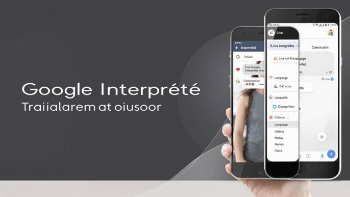 Smartphone affichant l'application Google Interprète avec une conversation traduite en temps réel.