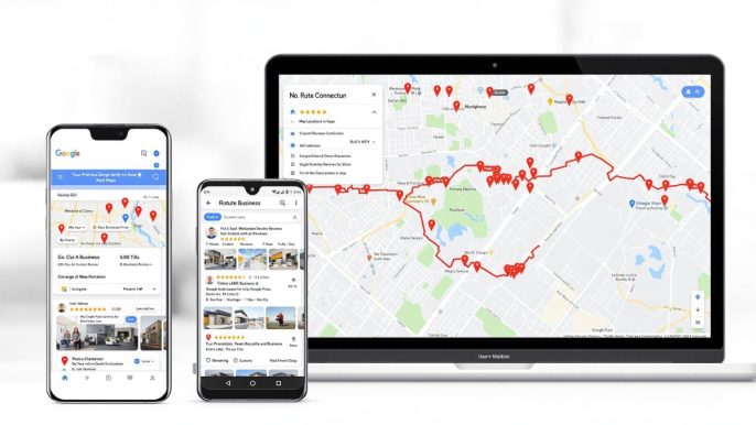 Interface Google Maps affichant des lieux et itinéraires optimisés pour le SEO local