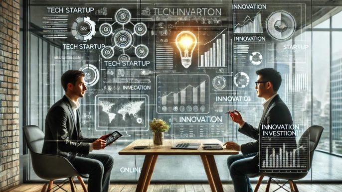 Jeune entrepreneur présentant une start-up à un investisseur dans un cadre moderne