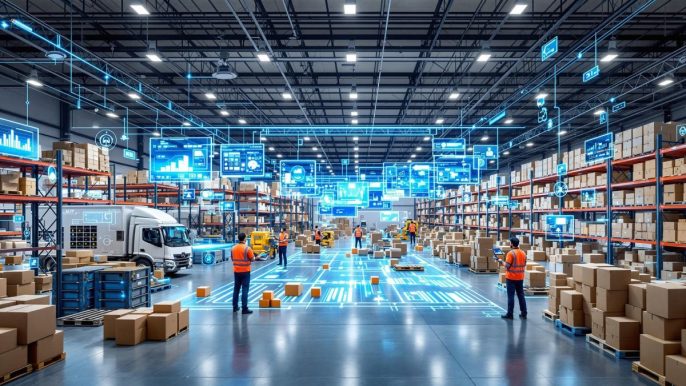 Entrepôt logistique connecté avec capteurs IoT, robots et écrans de contrôle en temps réel