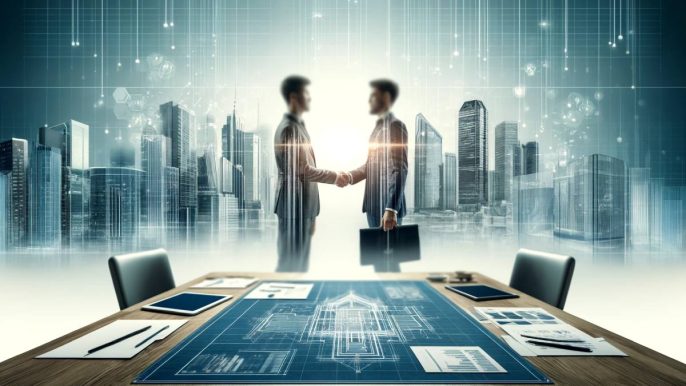 Deux entreprises en partenariat dans une joint venture pour développer un projet commun