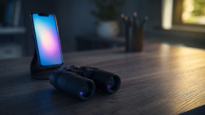 Jumelles posées sur un bureau face à un smartphone dont l'écran flou diffuse une lumière colorée