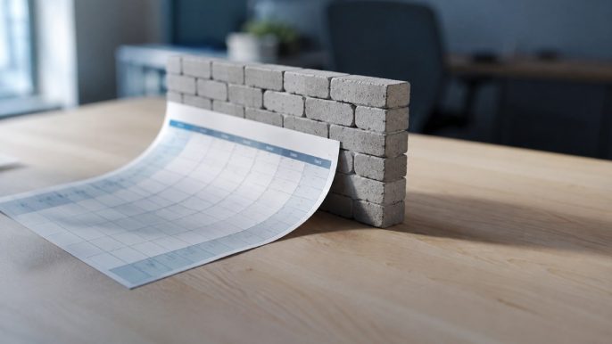 Un planning hebdomadaire vierge posé sur un bureau en bois vient buter contre un petit mur de briques, sous une lumière naturelle froide.