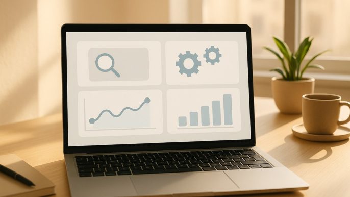 Écran d'ordinateur affichant un tableau de bord de plugin SEO WordPress avec des graphiques d'optimisation