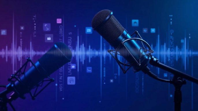 Microphone et icônes numériques illustrant les meilleurs podcasts tech 2025
