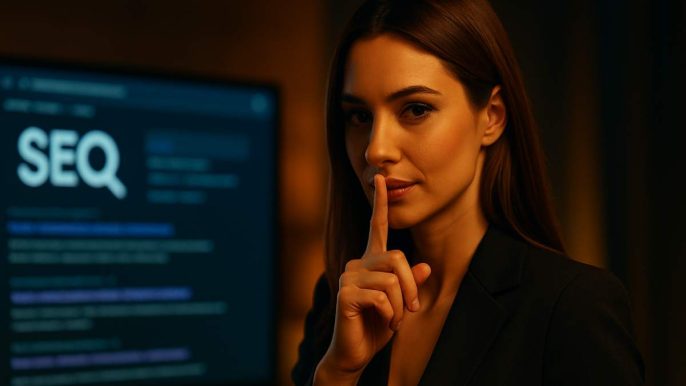 Femme complice en geste “chut” devant un écran de résultats SEO