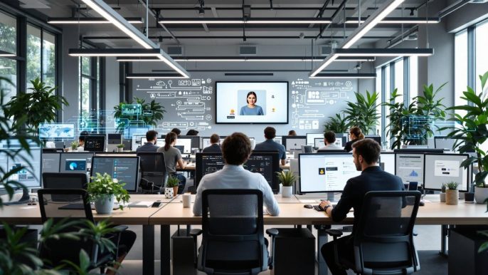Espace de travail moderne avec objets connectés intelligents en entreprise