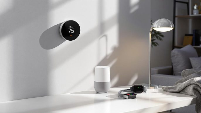 Illustration d’une maison moderne équipée d’objets connectés en 2025