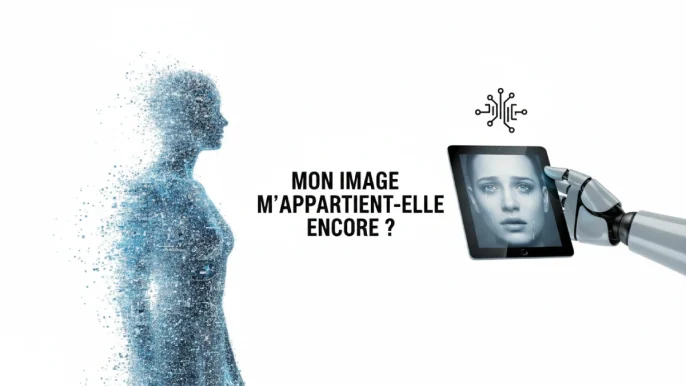 Représentation conceptuelle de l'intelligence artificielle s'emparant de l'image d'un acteur, avec une interface de clonage vocal type ElevenLabs.