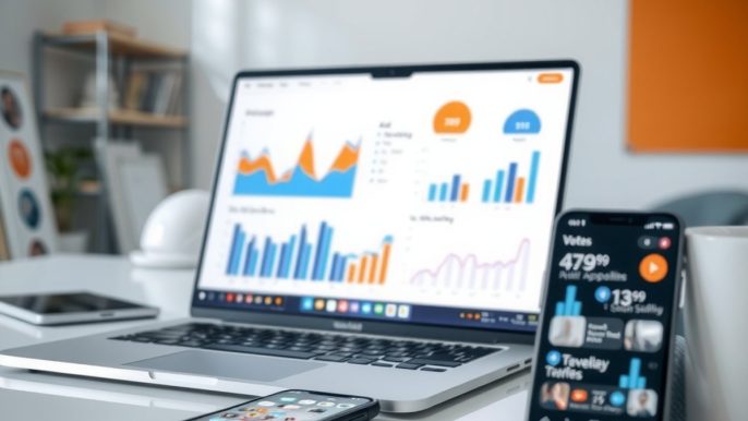 Écran d'ordinateur affichant des graphiques de performance publicitaire dans un bureau lumineux