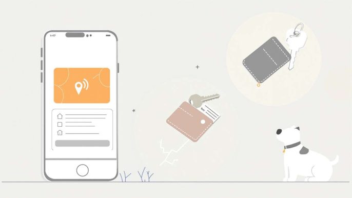Application Rabbit Finder affichée sur smartphone avec objets suivis (clés, portefeuille, animal)