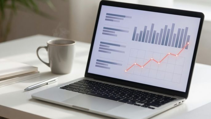 Ordinateur portable affichant des courbes de résultats de recherche sur un bureau moderne, illustrant le référencement Google payant