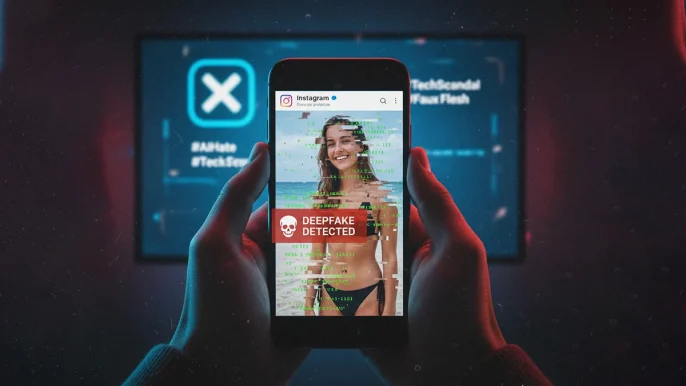Illustration d'un smartphone affichant un profil de réseau social fragmenté par des pixels numériques, symbolisant le danger des deepfakes générés par IA