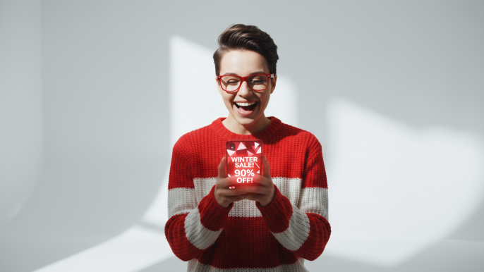 Une personne enthousiaste utilisant son smartphone pour profiter de la promotion exceptionnelle des soldes CyberGhost VPN
