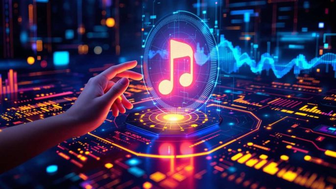 Interface futuriste générant une chanson avec intelligence artificielle