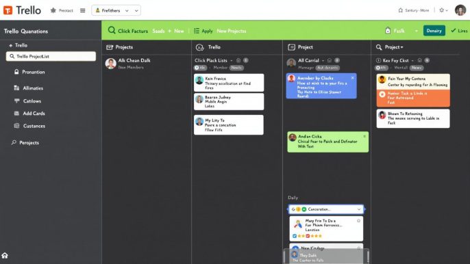 Interface de Trello montrant un tableau de projet avec des cartes et étiquettes colorées.
