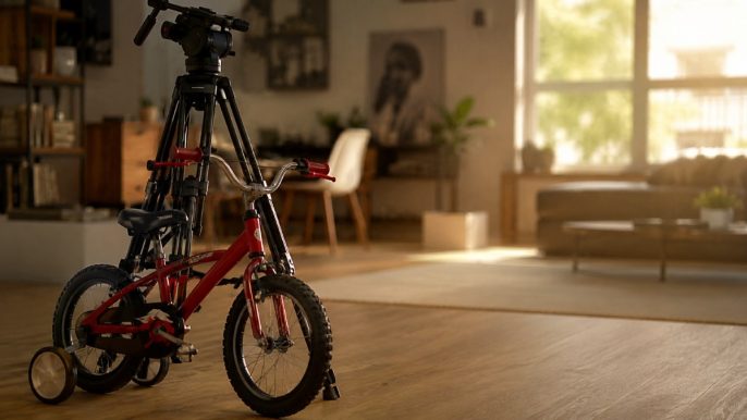 Un vélo d'enfant à roulettes posé contre un trépied de caméra dans un salon