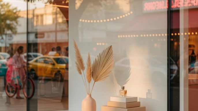 Vitrine de commerce éclairée et épurée mettant en valeur des produits en soirée